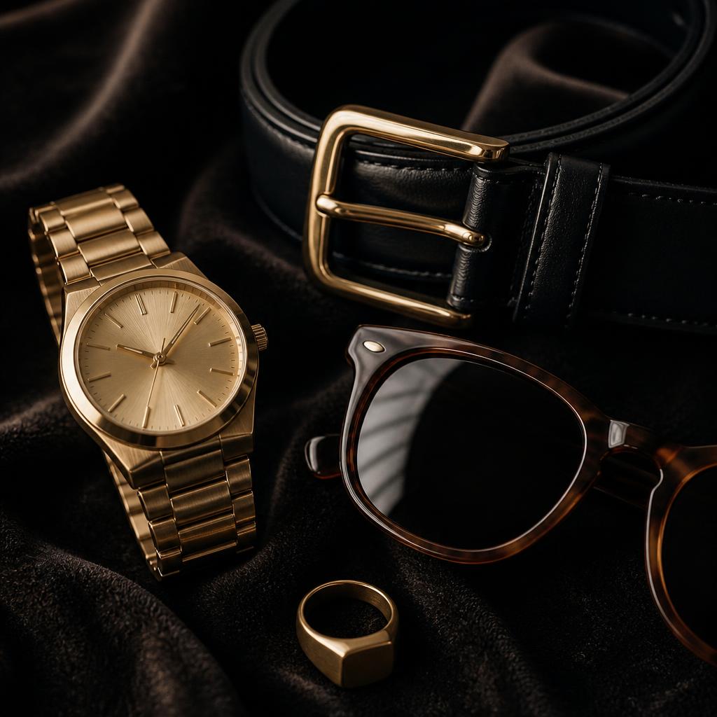 Gold watch, designer sunglasses and a black leather belt