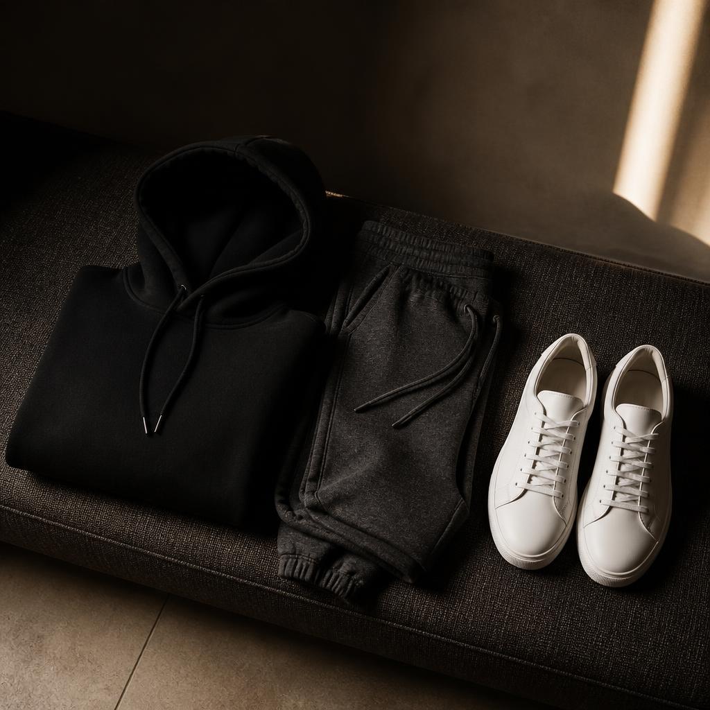 Folded black designer hoodie and matching bottoms