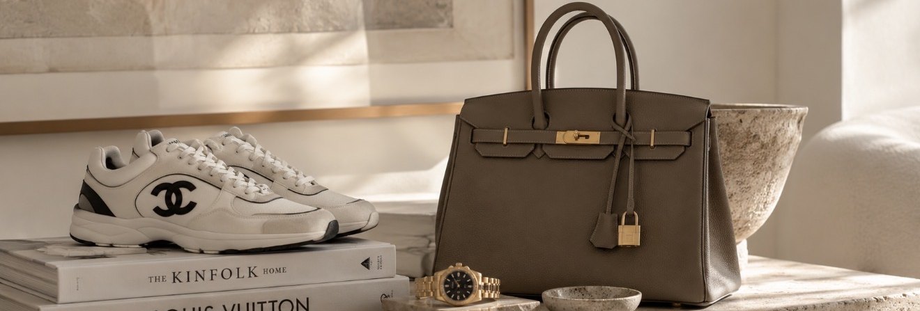Cream designer trainers on books beside a taupe leather top-handle bag and a gold watch on a stone console