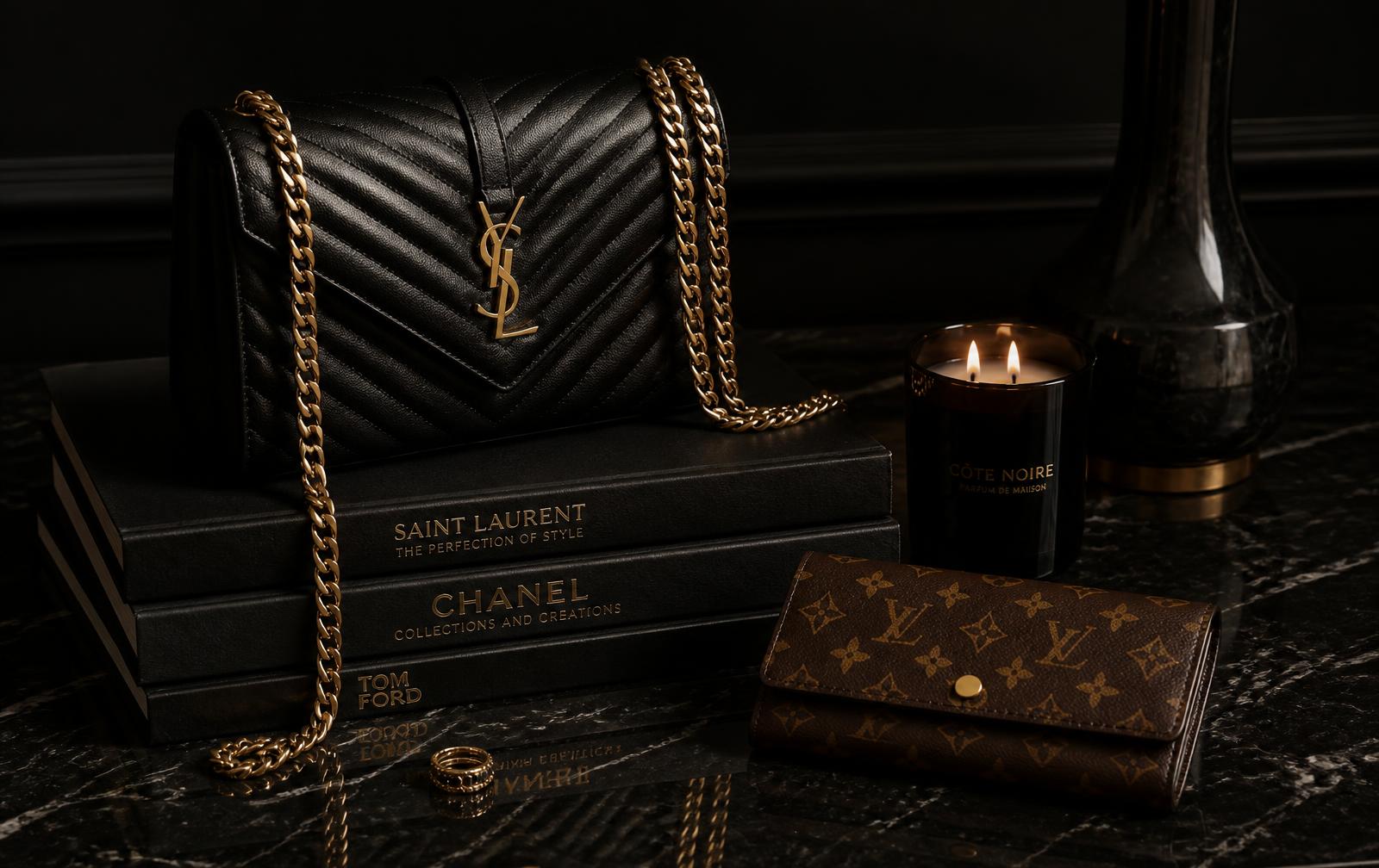 Quilted black leather handbag with gold chain resting on dark designer books beside a candle