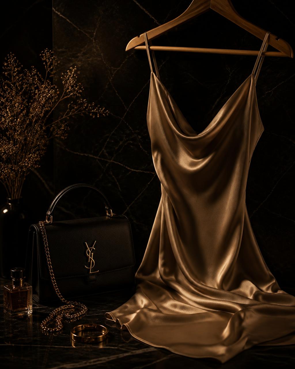 Silk dress, designer handbag and gold jewellery on black marble